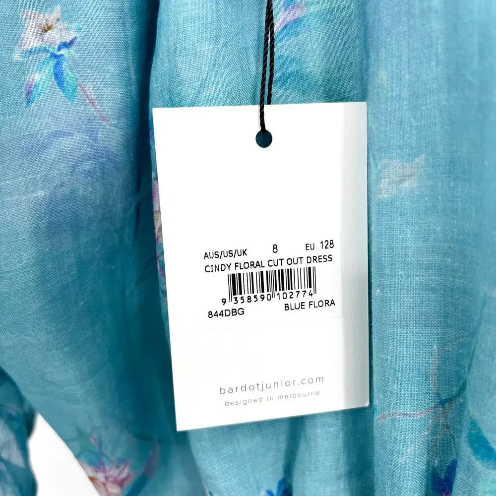 BARDOT Girl's Cindy Floral Cutout Dress Size 8 SMALL Blue Flora Puff Sleeve NWT